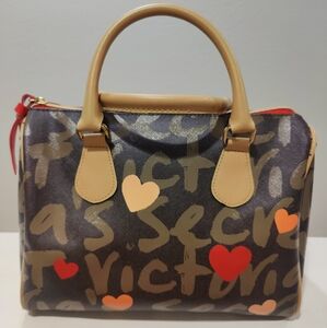 Victoria Secret Double Handle Logo With Hearts Graffiti Satchel Bag